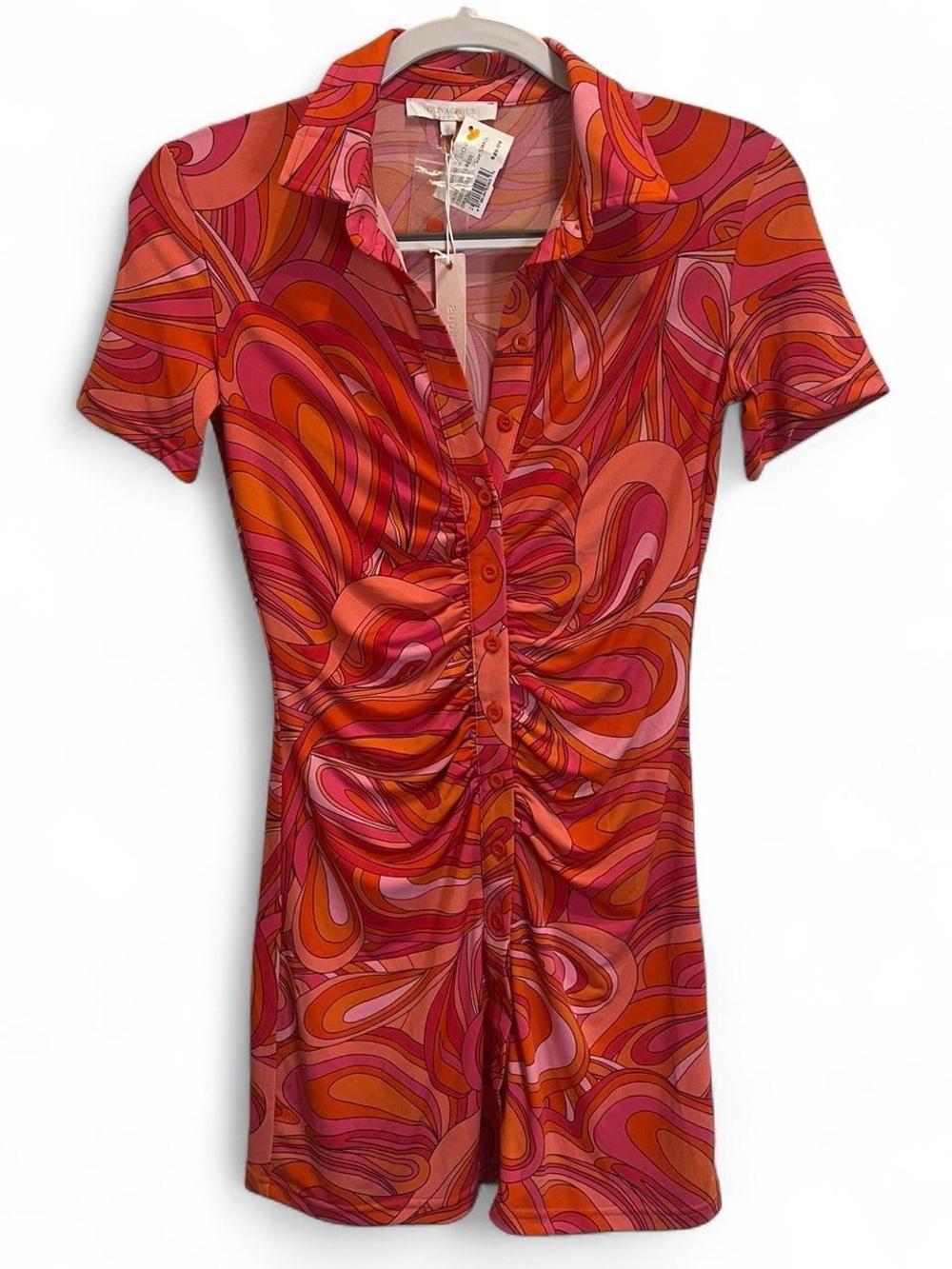 NWT Retro Swirl Button-Front Short Sleeve Mini Dress in Pink & Orange